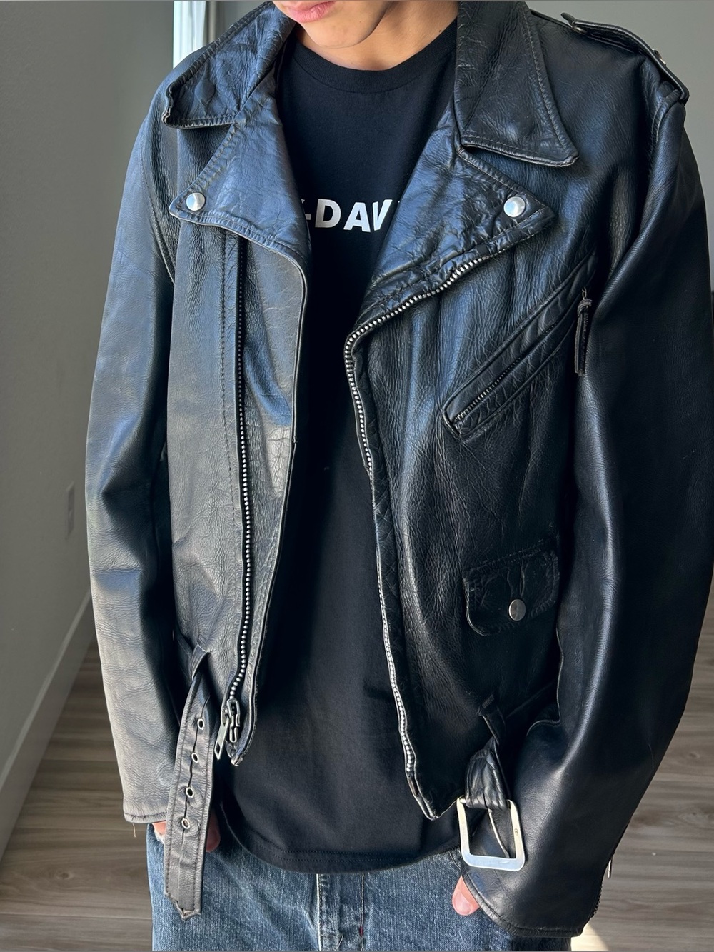 Vintage Y2K Goth Emo Mens Black leather jacket NYMC Custom Shop Reed Sportswear